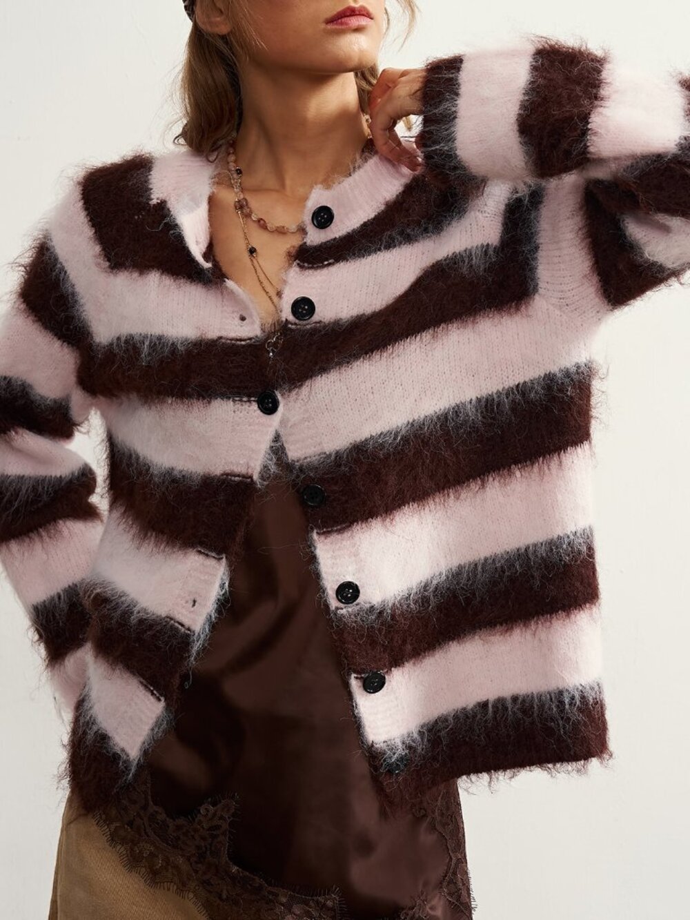 Pink Casual Women's Striped Knit Crew Neck Cardigan